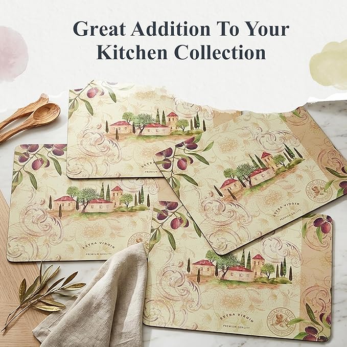 Pimpernel Olive Orchard Placemats, Set of 4 - Decorative Table Placemats with Rustic Village & Olive Branch Design, Heat & Stain Resistant, Cork Backed, Perfect for Kitchen, Dining & Entertaining