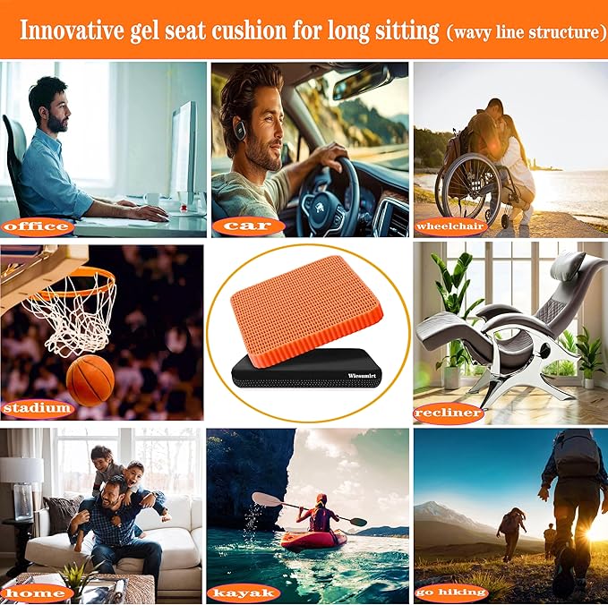 Innovative Gel Seat Cushion for Long Sitting, Breathable Grid Seat Cushion, Soft Cooling Support Chair Cushion for Office, Wheelchair, Car, Gel Cushion for Back, Sciatica,Tailbone Pain Relief.(orange)