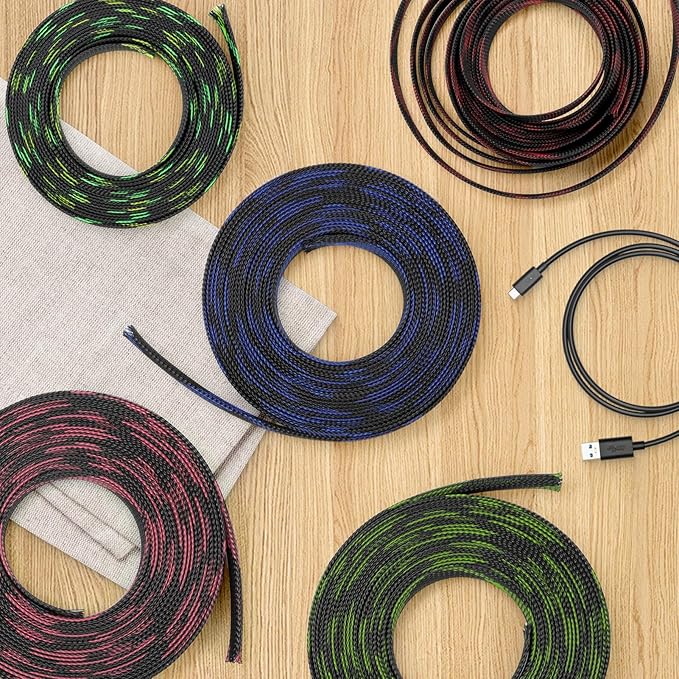 Braided Cable Sleeve, 33ft Expandable Wire Loom for Automotive Wiring Harness & PC Case, Pet-Proof Chew Resistant Cord Protector, Flexible Cable Management (Black-UV Green-UV Yellow, 25mm (25/32"))