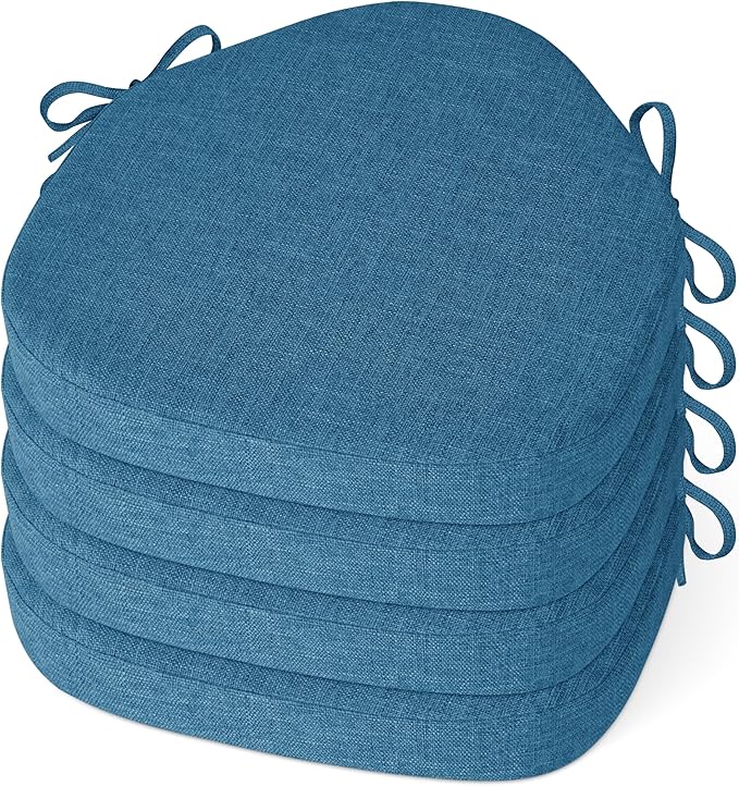 Windsor Chair Cushions for Dining Chairs 4 Pack Non Slip Kitchen Seat Cushion with Ties and Washable Covers Indoor Comfortable Seat Pad with Thick Foam 16.5" x 15.5" x 2" Blue
