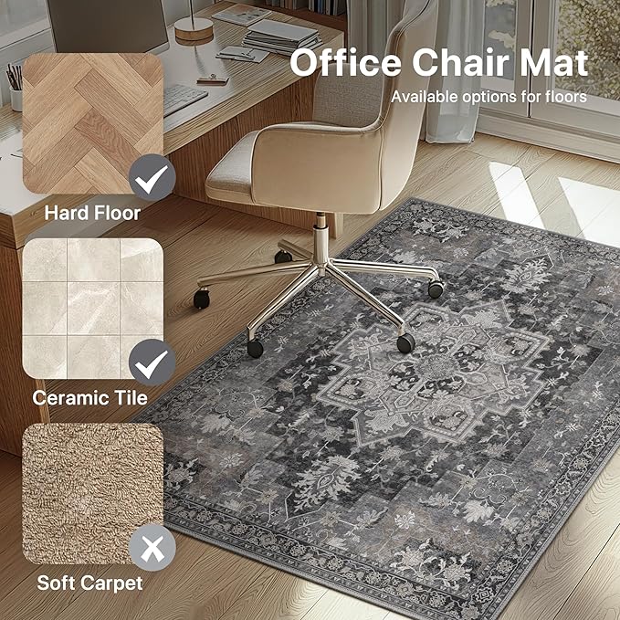 60"x60" Office Chair Mat for Hardwood Tile Floor, Under Desk Carpet Protector for Rolling Computer Chair Mat, Machine Washable Round Area Rug, Anti-Slip 1/5" Thick Low Pile Thin Floor Mat, Black