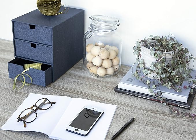 Bigso Box of Sweden Ingrid 3-Drawer Fiberboard Desk Organizer for Office Supplies and Accessories - Stackable Makeup Drawer Organizer - 6.3in x 9.9in x 8.1in - Blue