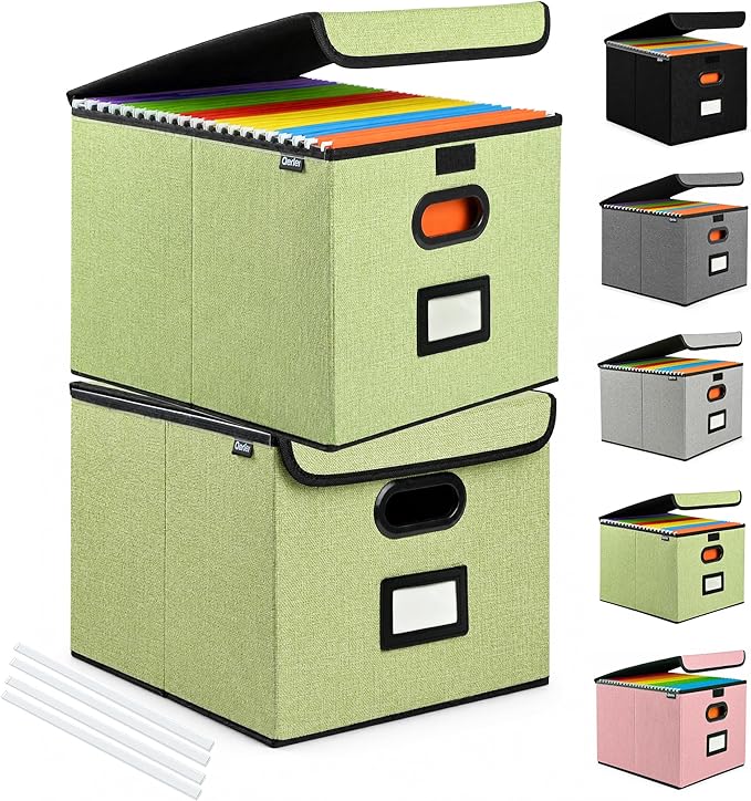 Qerlei File Organizer Boxes with Lids,Collapsible File Folder Organizer with Plastic Slide,Collapsible Filing & Storage Boxes for Office/Decor/Home (Green, 2 Pack)