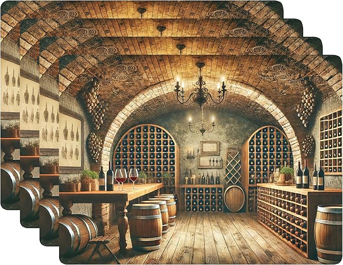 Set of 4 Cork Backed Placemats, Kitchen and Dining Table Decoration Design Hard Placemat 12" x 16" (Wine Cellar)