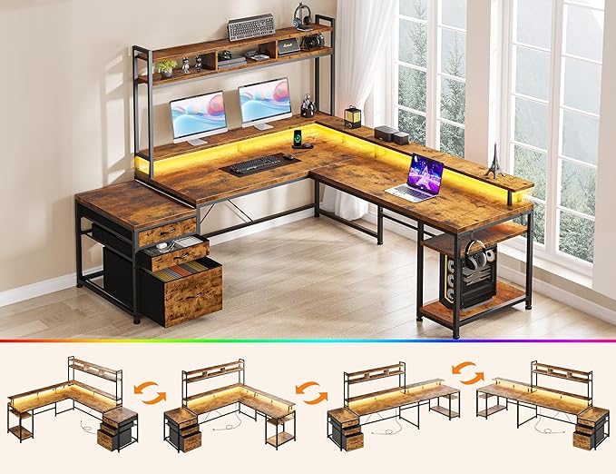 EnHomee 64 x 60 Inch Reversible L Shaped Gaming Desk with Hutch, 3 Drawers, Power Outlet & LED Lights, Two Person Corner Computer Desk with Monitor Stand for Home Office, Bedroom, Living Room