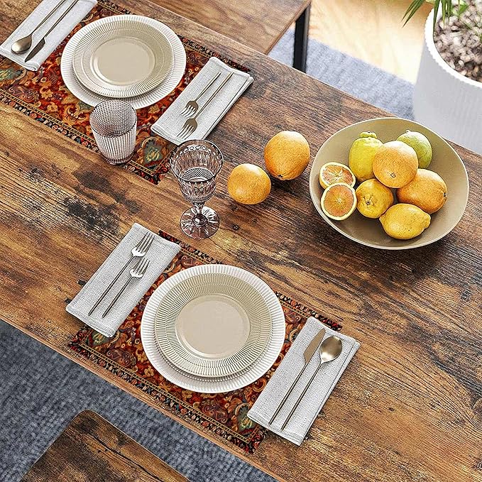 Linen Placemats Set of 6, Fall Boho Carpet Orange Brown Washable Table Mats 12x18 Inch, Heat Resistant Non Slip Placemats for Dining Table Kitchen Everyday Use
