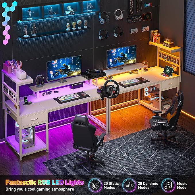 EnHomee 48" Computer Desk with Drawer & Storage Shelves, Home Office Desk with Monitor Stand, Gaming Desk with LED Lights & Power Outlets for Living Room, Study Room, Gaming Room, White