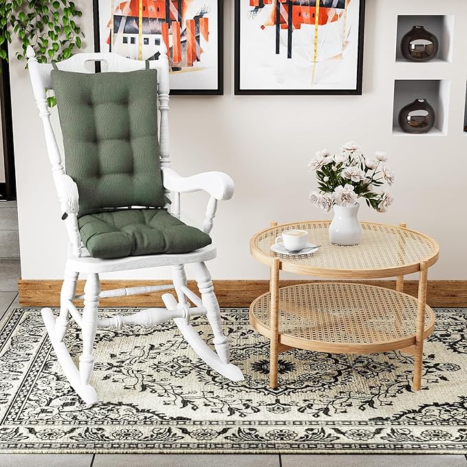 Klear Vu Omega Non-Slip Rocking Chair Cushion Set with Thick Padding and Tufted Design, Includes Seat Pad & Back Pillow with Ties for Living Room Rocker, 17x17 Inches, 2 Piece Set, Celadon