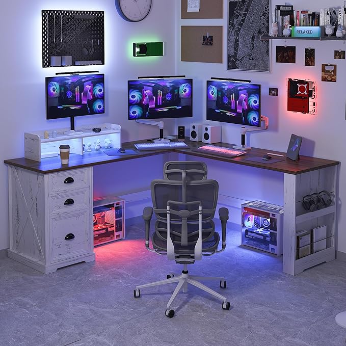 Lareth L Shaped Desk with Monitor Stand Farmhouse Computer Desk with Led Light and Power Outlet, Executive Desk for Home Office Room Workstation with File Cabinet for Working Gaming, Antique White