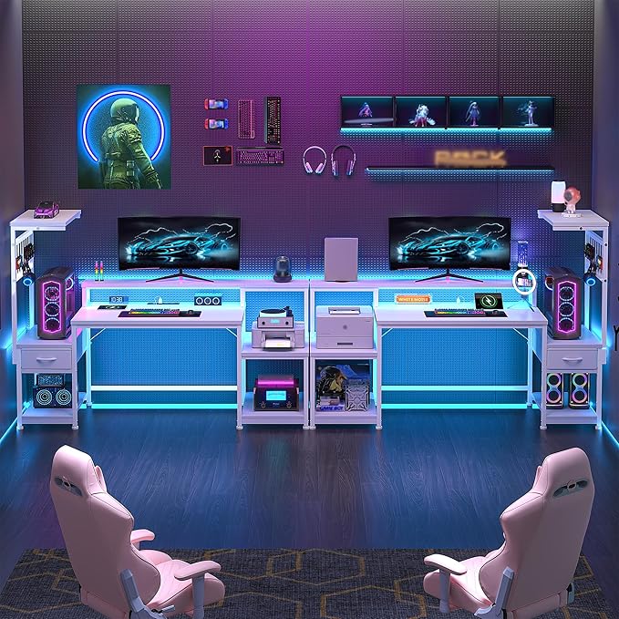 DurayLoly 55" Computer Desk with LED Lights & Outlets,Office Desk with Drawers & Monitor Stand,Gaming Desk with 3 Storage Shelves, Hooks& Printer Space for Game&Study Room,Home Office,Bedroom,White