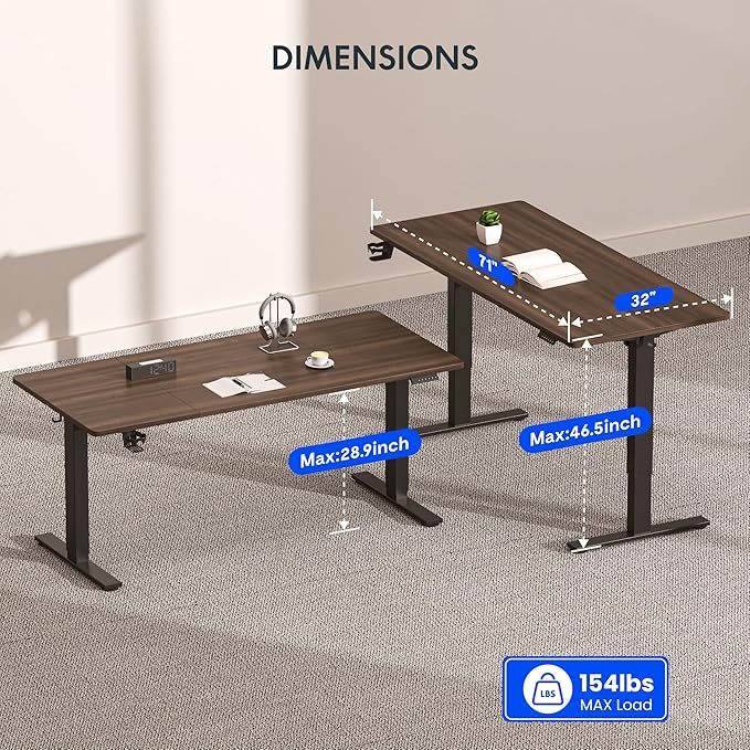 FLEXISPOT 71" x 32" Office Standing Desk, Height Adjustable Sit-Stand Desk, Quiet & Stable, with Cable Management & Cup Holder, for Commercial Use, Black Walnut Top (2 Packages)