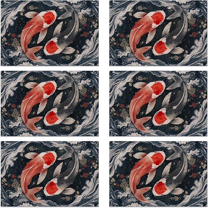 Janpanese Koi Fish Linen Placemats Set of 6, Decorative Table Mats 12x18 Inch, Washable Heat Resistant Placemats for Dining Table Kitchen Home Decor