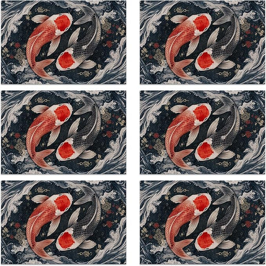 Janpanese Koi Fish Linen Placemats Set of 6, Decorative Table Mats 12x18 Inch, Washable Heat Resistant Placemats for Dining Table Kitchen Home Decor