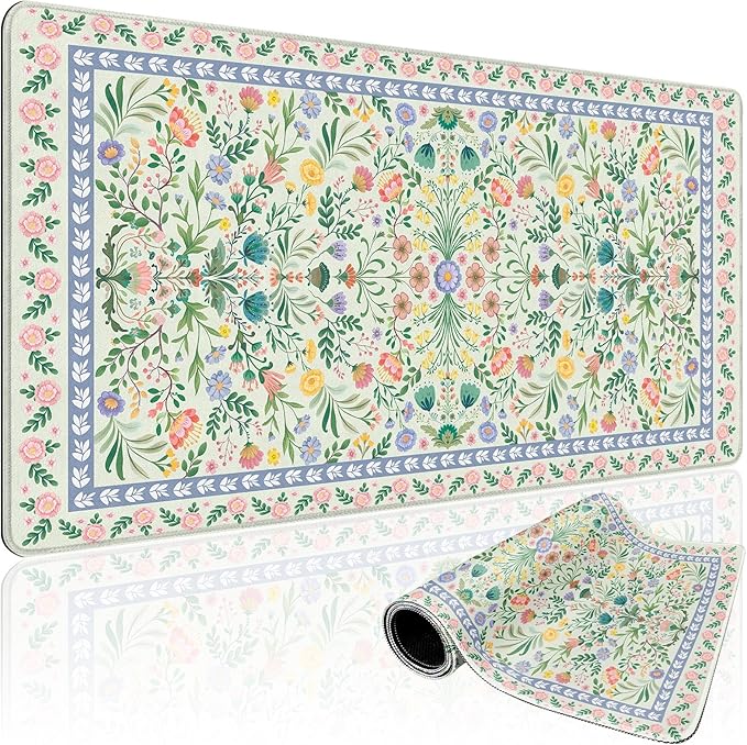 Green Floral Desk Mat, 31.5"x15.7" Large Mouse Pad, Anti-Slip Rubber Base Keyboard Pad with Stitched Edges, Water-Resistant Smooth Desk Blotter, Computer Mat for Home Office Desk