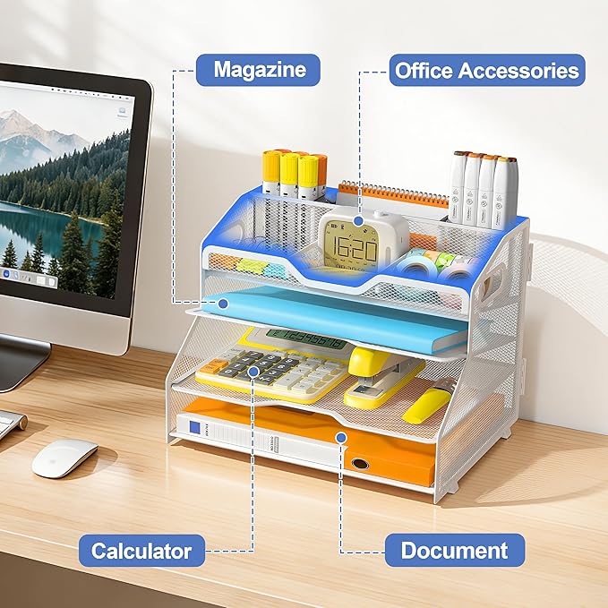 4 Tier Desk Orgnizers and Accessories, Metal Magazine File Holder with Pencil Holder and Handles, Space Saving Desktop Storage for School Office Supplies(White)
