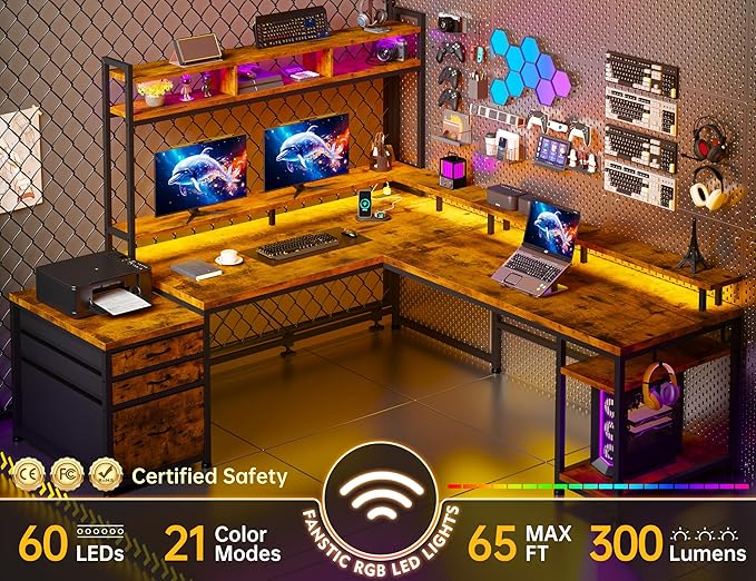 EnHomee 64 x 60 Inch Reversible L Shaped Gaming Desk with Hutch, 3 Drawers, Power Outlet & LED Lights, Two Person Corner Computer Desk with Monitor Stand for Home Office, Bedroom, Living Room