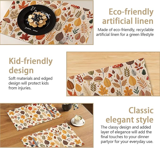 Halloween Autumn Tropical Leaves Linen Placemats Set of 6, Decorative Table Mats 12x18 Inch, Washable Heat Resistant Placemats for Dining Table Kitchen Home Decor