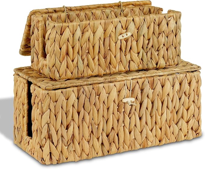 efluky 2 Pack Hand-Woven Floor Cord Covers with Lid, Water Hyacinth Cable Management Box, 2 Open Slots Cord Box to to Hide Cords Power Strip for Desk, Floor, Office