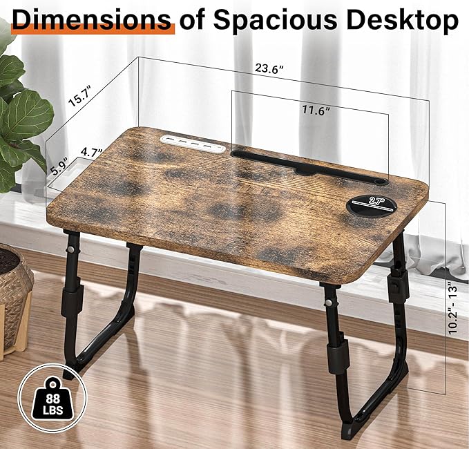 Lap Desk for Bed, Adjustable Laptop Desk with USB Charging Port, Storage Drawer & Bookshelf — Foldable Bed Desk for WFH & Students, 23.6" Desktop Fits 17" Laptop, Non-Slip, Carbonized