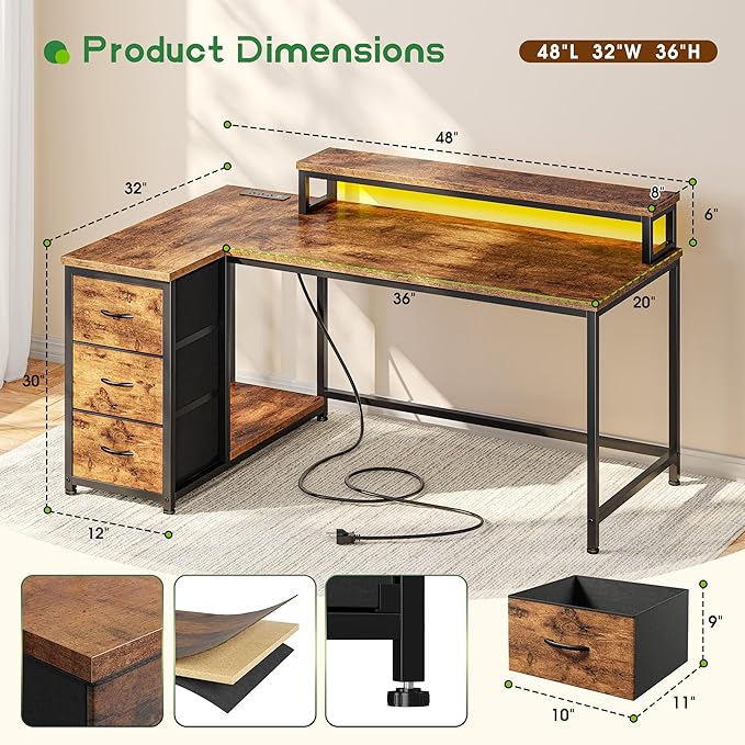 EnHomee 48" L-Shaped Computer Desk with 3 Drawers, 35.4" Monitor Riser, RGB LED Lights,3 AC outlets & 1 Type-C Charging Station, Reversible Corner Gaming Desk for Home Office, Study Room,Rustic Brown