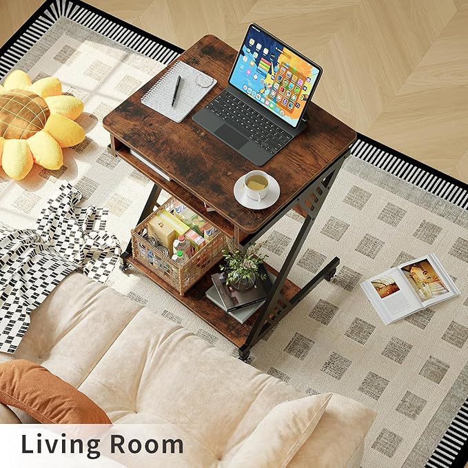 ALISENED Computer Desk for Small Spaces, 23.6" Z-Shaped Compact Study Table with Smooth Keyboard Tray with Wheels and Bottom Shelves for Home Office, Computer Cart Mobile Laptop Cart, Rustic Brown
