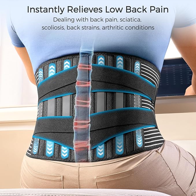 FREETOO Back Braces for Lower Back Pain Relief with 6 Stays, Breathable Back Support Belt for Men/Women for work , Anti-skid lumbar support belt with 16-hole Mesh for sciatica(S)