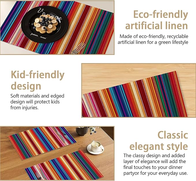 Mexican Ethnic Colorful Stripes Placemats Set of 6 Linen Table Mats, 12x18 Inch Washable Placemats for Dining Table, Non Slip Heat Resistant Mats for Kitchen Home Decor