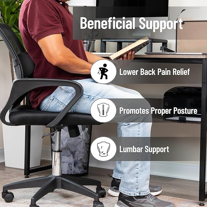 Mind Reader Lumbar Roll Pillow with Air-Cloud Memory Foam, Back, Waist & Hip Support, Breathable Cover & Adjustable Strap, Black