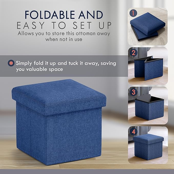 Ornavo Home Small Storage Ottoman, Set of 2 Foldable Collapsible Cube Square Linen Ottoman Foot Rest Stool Seat, for Living Room, Bedroom, Home Office, Dorm - 12 x 12 x 12, Navy Blue
