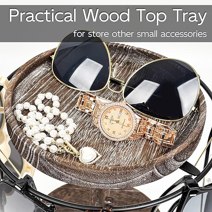 Sunglasses Organizer 360° Rotating Eyeglass Holder Stand with Wood Tray and Base, Eye Glass Display Rack for Multiple Sunglass Storage for Table Dresser Nightstand Desk (Retro Coffee)
