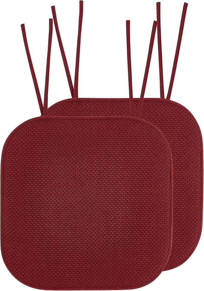 Elegant Comfort 4 Pack Chair Cushion Covers - Skid-Proof Rubber Backing - 16 x 16 Inch - Thick Dining Square Shape Seat Covers - Comfortable Textured Chair Pads with Ties - Honeycomb Pattern, Burgundy