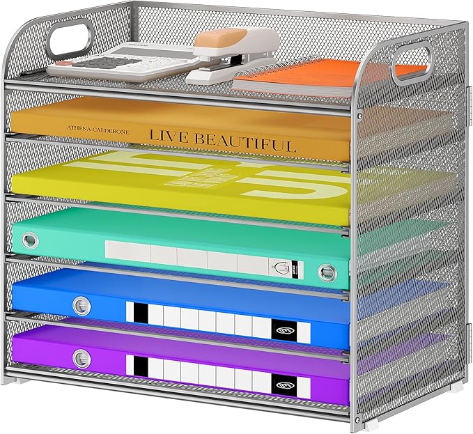 Cawukege 6 Tier Paper Organizer, Silver Letter Tray with Handle, Mesh Desk Organizer, Metal File Organizer, Office Desk Accessories for Home, Office, Classroom, School