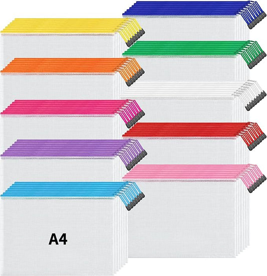 JARLINK A4 Letter Size 72 Pack 10 Colors Zipper Mesh Document Pouch, Mesh Bags for Board Games & Puzzles, Waterproof Document Zipper Pouches for Office School Supplies, Toys, Cosmetics Travel Storage