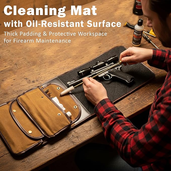 Rush Creek Creations 29" x 10" Portable Gun Cleaning Mat for Pistols and Handguns, Heavy-Duty Shooting/Pistol Cleaning Mat with Waxed Canvas and Soft Wool Interior, Brown