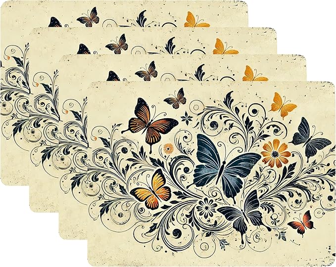 Set of 4 Cork Backed Placemat, Kitchen and Dining Table Decoration Design Hard Placemat 12" x 16" (Butterfly ~ Distressed)