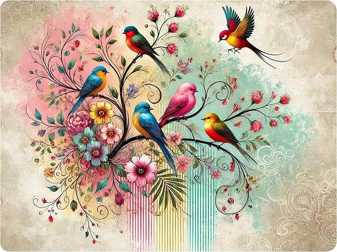 Set of 4 Cork Backed Placemat, Kitchen and Dining Table Decoration Design Hard Placemat 12" x 16" (Colorful Birds)