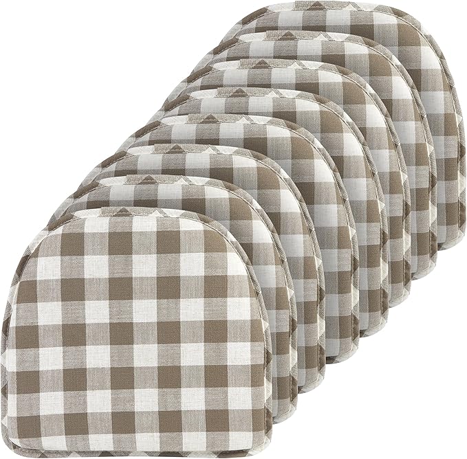 Klear Vu The Gripper Non-Slip Linen Check Dining Kitchen Chair Pads, 15" x 16" x 2", Set of 8, Liza Check Taupe