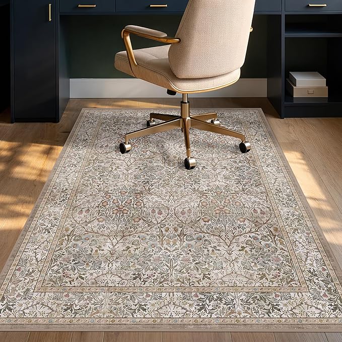 Vintage 4x5 Office Chair Mat for Hardwood Floors, Moss Non-Slip Desk Rug, Machine Washable for Dorm Room, Low Pile Carpet Floor Protector for Rolling Chair, Botanical Design Stain Resistant Carpet