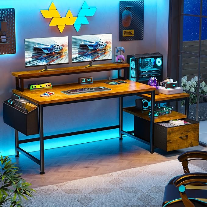 EnHomee 56.5" Office Desk with Drawers and Printer Space,Computer Desk with Power Outlets,Home Office Desks with File Drawers Cabinet,Study and Gaming Desk with Shelves Monitor Stand,Rustic Brown