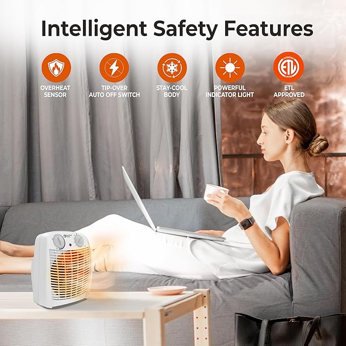 Comfort Zone CZ45E 750/1,500-Watt Fan-Forced Personal Heater with Adjustable Thermostat, Overheat Protection, Safety Tip-Over Switch, Energy Save Features, and Convenient Carry Handle, White