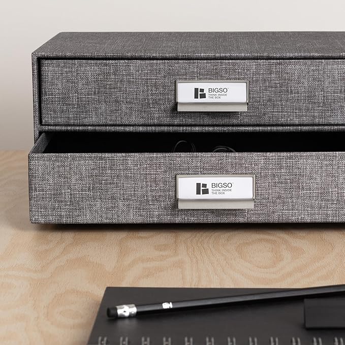 Bigso Birger 2-Drawer Canvas Fiberboard Easy Pull Handle Box - Desktop Drawers for A4 and Letter Size Papers - Desk Drawers with Metal Label Holder - 13.1in x 10in x 5.7in - Melange Grey
