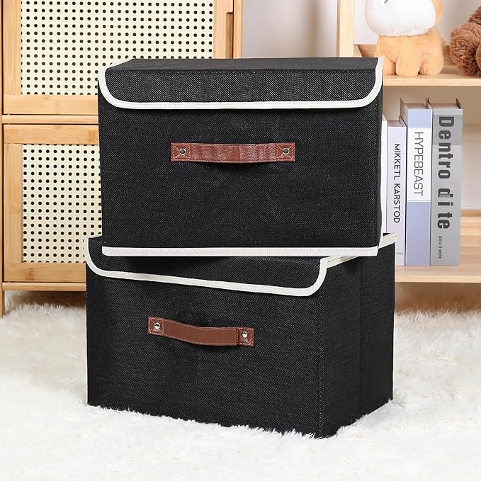 ANMINY 2PCS Storage Bin with Lid Storage Boxes with PU Leather Handles PP Plastic Board Decorative Foldable Lidded Cotton Linen Fabric Home Cubes Baskets Closet Organizer Container - Black, Medium