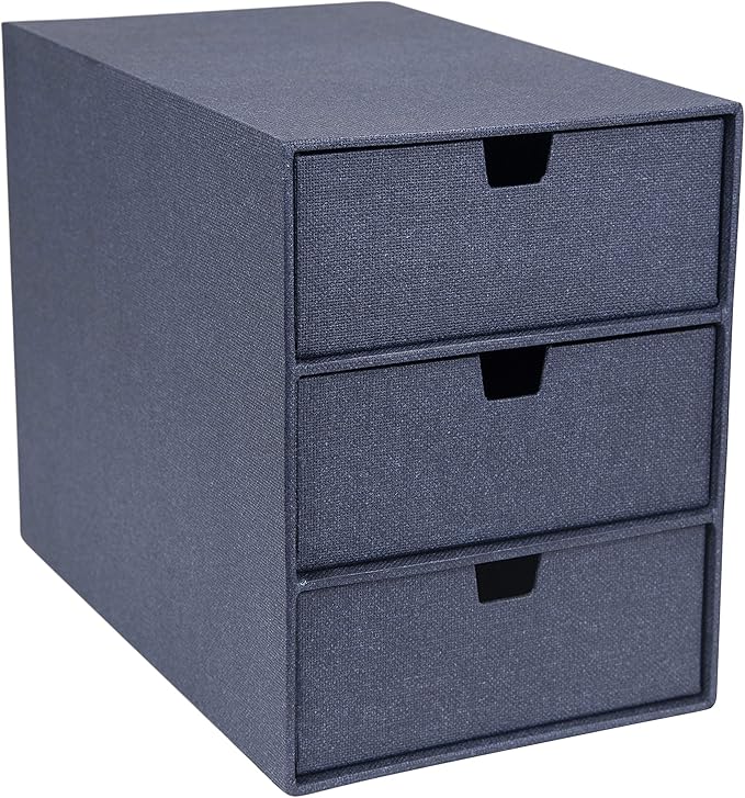 Bigso Box of Sweden Ingrid 3-Drawer Fiberboard Desk Organizer for Office Supplies and Accessories - Stackable Makeup Drawer Organizer - 6.3in x 9.9in x 8.1in - Blue