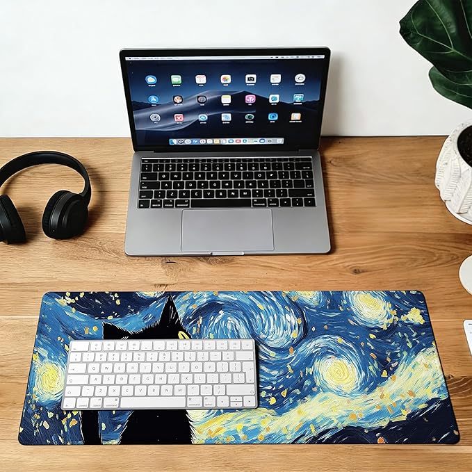 Large Gaming Mouse Pad Blue Starry Night Black Cat Desk Mat,Non-Slip Rubber Base Stitched Edges,Extended Mousepad for PC,Laptop,Office,Home Decor(31.5 x 11.8 Inch)