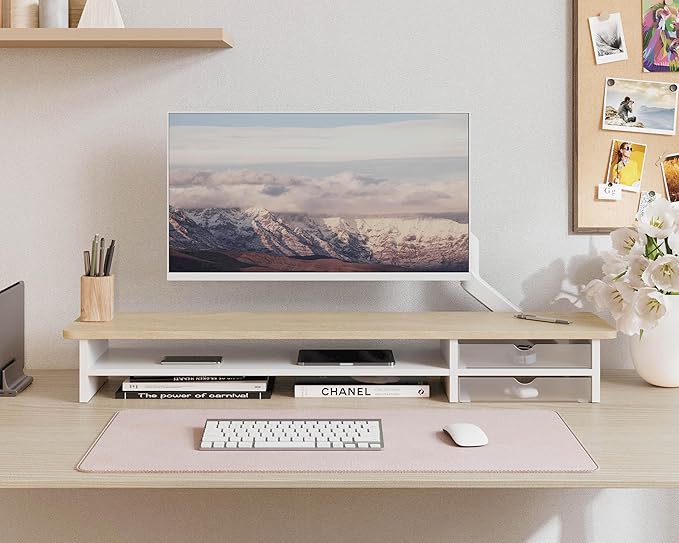 Fenge Monitor Stand, Dual Monitor Riser, 42.5inch Large Desk Computer Monitor Stand Riser with Drawer, 2 Tier Wood & Acrylic Desktop Organizer for Computer, Laptop, Printer, TV Screen Riser
