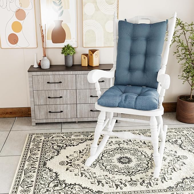 Klear Vu Omega Non-Slip Rocking Chair Cushion Set with Thick Padding and Tufted Design, Includes Seat Pad & Back Pillow with Ties for Living Room Rocker, 17x17 Inches, 2 Piece Set, Blue