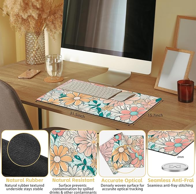 70s Inspired Flower Large Extended Gaming Mouse Pad Pink Flower XXL Mousepad Desk Pad for Keyboard and Mouse, Non-Slip Rubber Base Mousepad with Stitched Edges for Office Desk Decor, 31.5 x 15.8 in