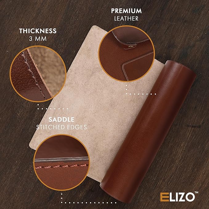 ELIZO Leather Desk Pad Real Leather Desk Mat Thick (3mm) Double Layer (31x15.6) Cover Blotter Desk Protector Large Computer Mat for Keyboard Mouse Pad Table Laptop Mat Office Accessories - Chestnut