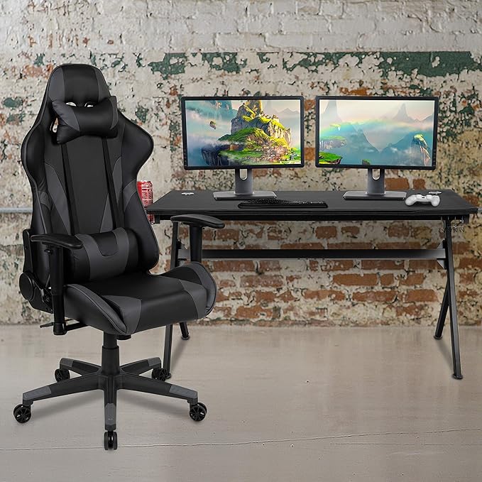 EMMA + OLIVER Black/Gray Gaming Desk Bundle - Cup/Headset Holder/Mouse Pad Top