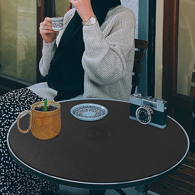 CENNBIE 42/40/36/32/30 Inches Round Table Mat - Cork Leather Table Pad Protector- Suitable as Side Dining Coffee Table Cover - Can Be Cut to Fit (Black)